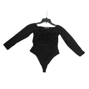 Pretty Little Thing Black Ruched Detail Bodysuit Size 10